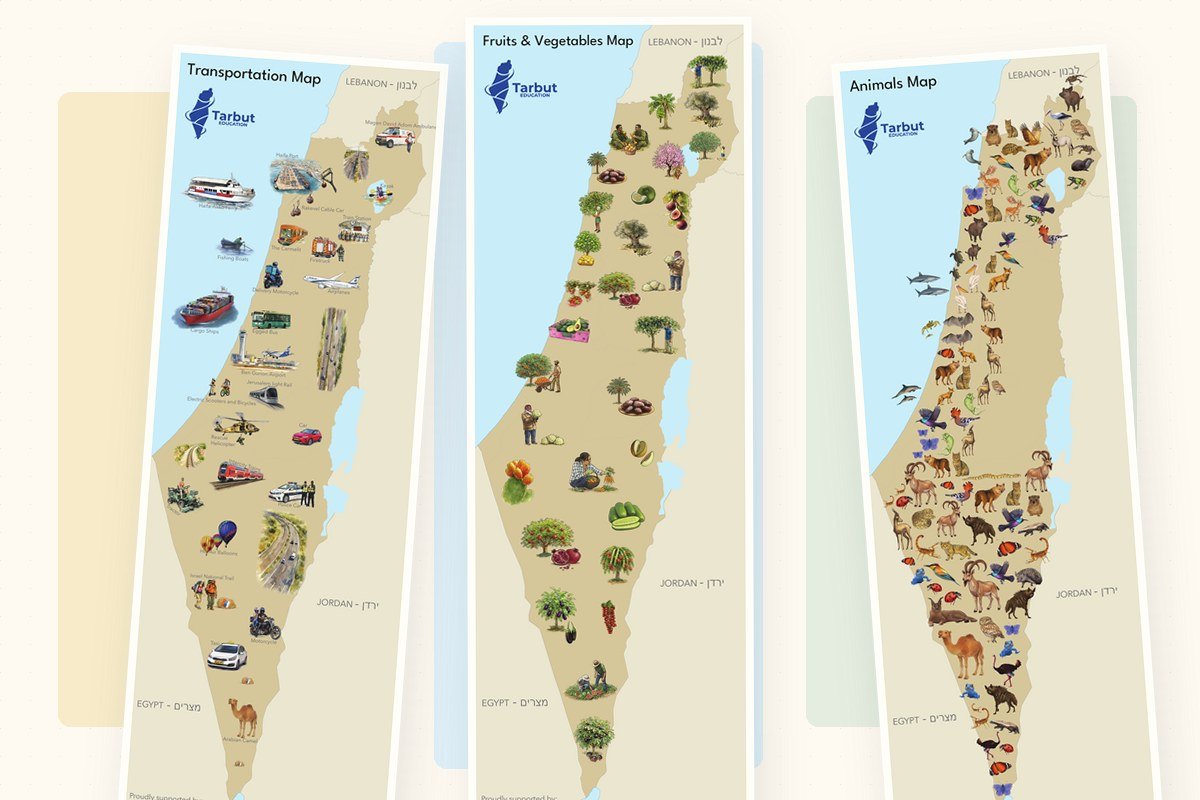 Three illustrated Mipo Israel learning maps for transportation, fruits and vegetables, and animals